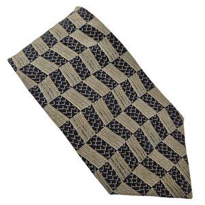 Henry Grethel Mens Tie Italian Silk Tie Geometric Beige Navy Pattern Vintage